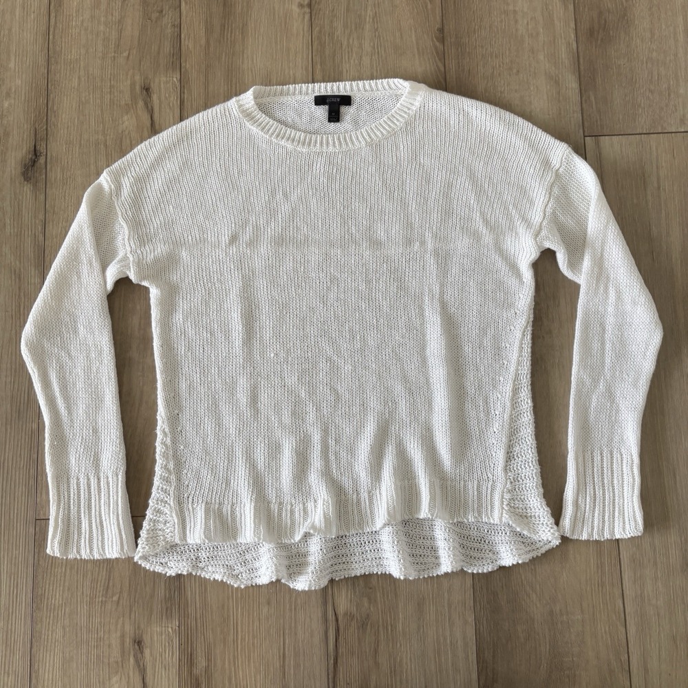 J. Crew Linen Textured Knit Long Sleeve Beach Sweater in White Medium M‎